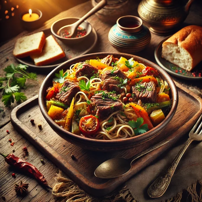 Подача лагмана с мясом, лапшой и овощами
