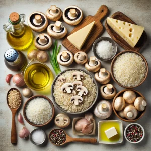 Ингредиенты для ризотто с грибами, выложенные на столе.