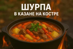 Шурпа в казане на костре с текстом названия