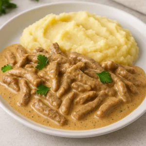 Бефстроганов из говядины с картофельным пюре