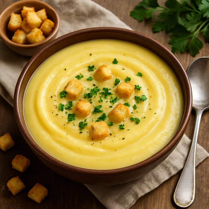 Картофельный суп-пюре в тарелке с зеленью и гренками