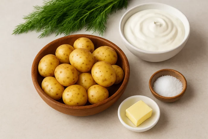 Ингредиенты для молодой картошки с укропом и сметаной