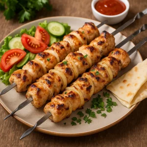 Подача шашлыка из курицы с овощами и лавашом