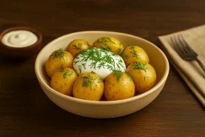 Подача молодой картошки с укропом и сметаной