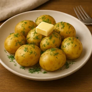Молодая картошка с укропом и маслом на тарелке