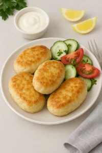 Подача куриных биточков с овощами и соусом