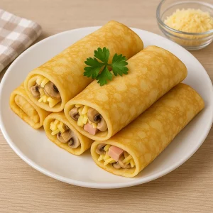 Подача блинчиков с ветчиной, сыром и грибами