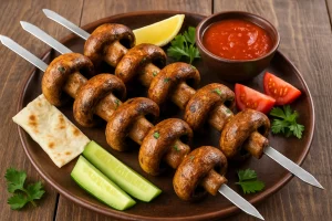 Готовые шампиньоны на мангале с овощами