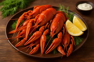 Варёные раки на тарелке с укропом и лимоном