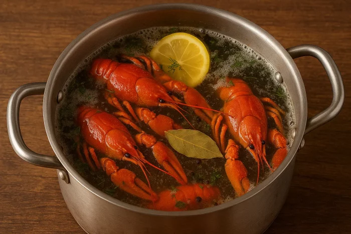 Процесс варки раков в кастрюле с укропом и лимоном