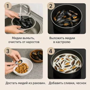 Этапы приготовления мидий в сливочном соусе