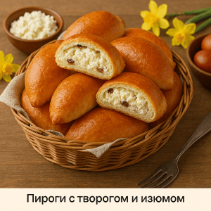 Домашние пироги с творогом и изюмом в корзине