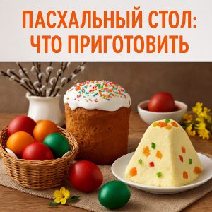 Пасхальный стол с куличом, творожной пасхой и крашеными яйцами