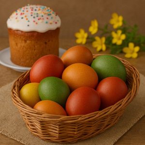 Пасхальные крашеные яйца в корзинке
