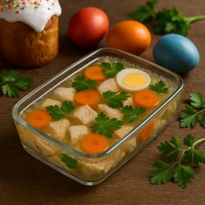 Заливная рыба с овощами на пасхальном столе