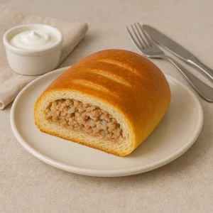 Подача кулебяки с мясом на стол