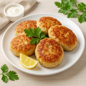 Готовые куриные котлеты на тарелке с зеленью