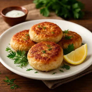 Подача куриных котлет с укропом и лимоном на тарелке