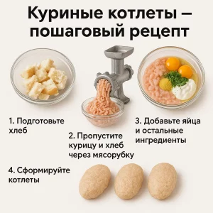 Пошаговое приготовление куриных котлет — коллаж этапов