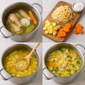 Пошаговое приготовление куриного супа с лапшой — коллаж