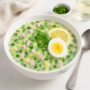 Готовая окрошка на воде в тарелке с яйцом и лимоном