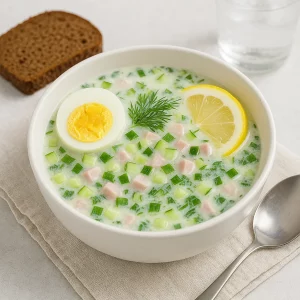 Подача окрошки на воде с хлебом и лимоном