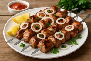 Шашлык из свинины с луком и зеленью на тарелке