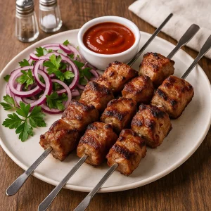 Подача шашлыка из свинины с соусом и луком
