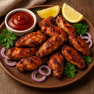 Подача шашлыка из крылышек с соусом и зеленью