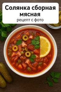 Тарелка с мясной солянкой и зеленью