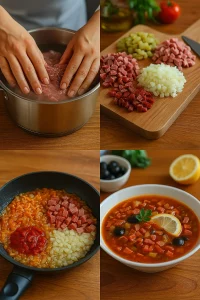 Коллаж пошагового приготовления солянки