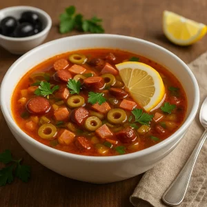 Подача готовой солянки с лимоном и оливками
