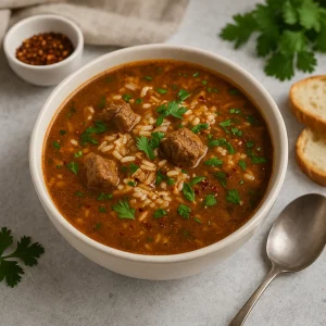 Суп харчо с говядиной, рисом и зеленью