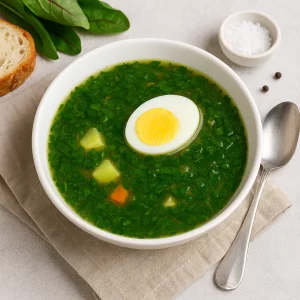 Подача зелёного борща с яйцом и зеленью