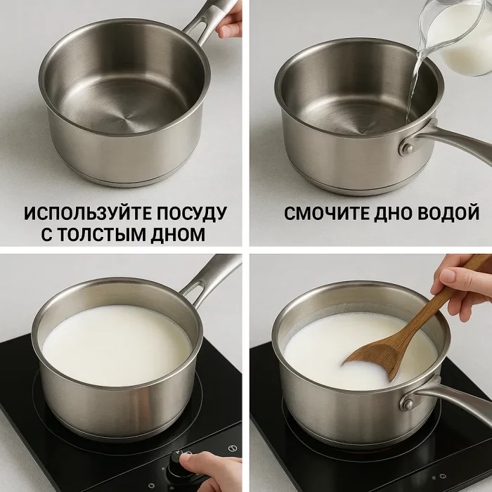 Коллаж шагов кипячения молока без пригорания
