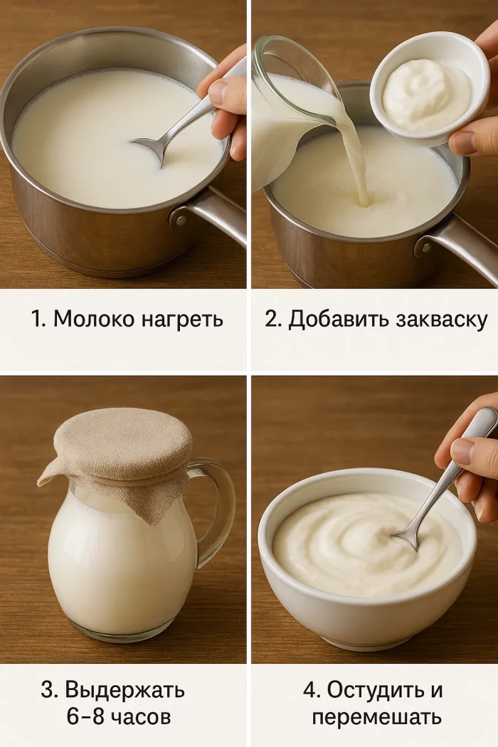 Коллаж приготовления домашнего йогурта пошагово