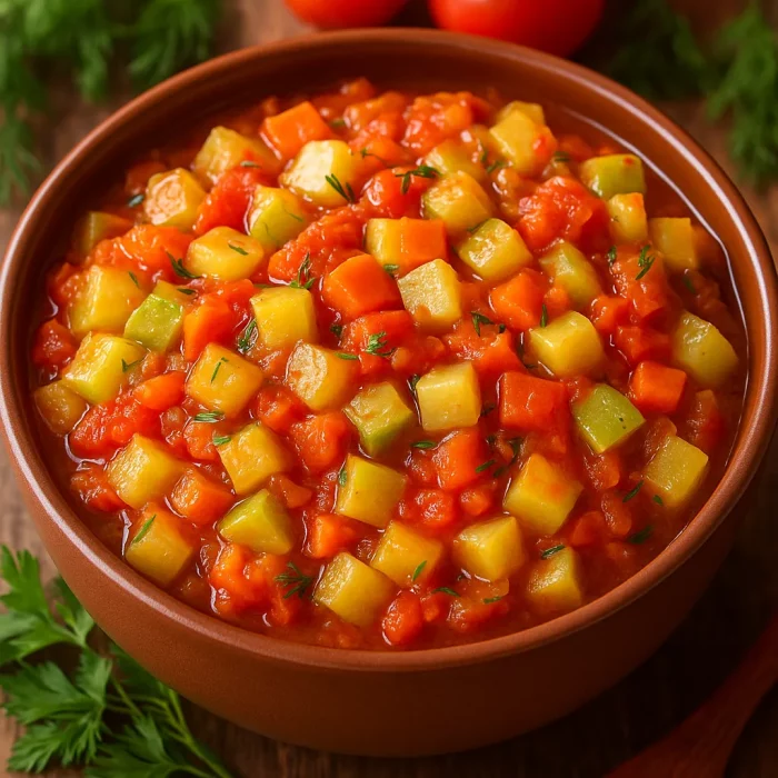 Готовая кабачковая икра кусочками в тарелке