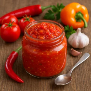 Домашняя аджика в банке с овощами на фоне