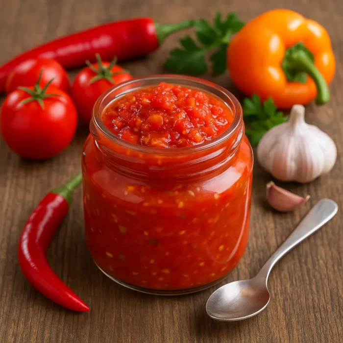 Домашняя аджика в банке с овощами на фоне