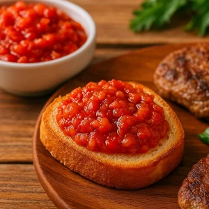 Подача аджики с тостом и мясом