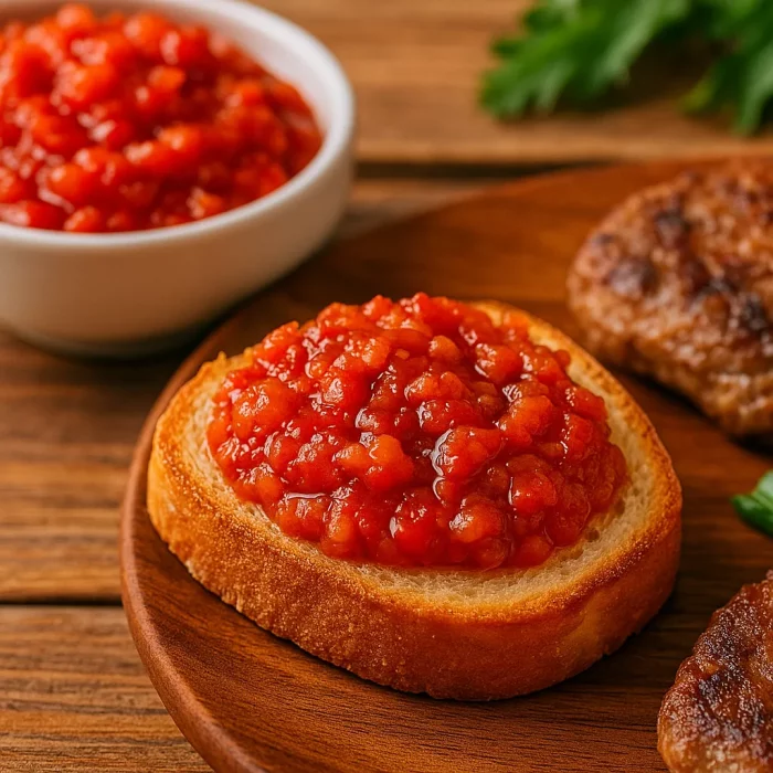 Подача аджики с тостом и мясом