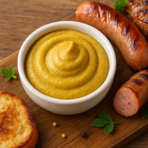 Подача горчицы с мясом и хлебом