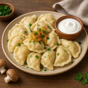 Готовые вареники с картошкой и грибами на тарелке