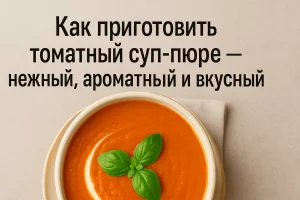 Обложка рецепта томатного супа-пюре с текстом