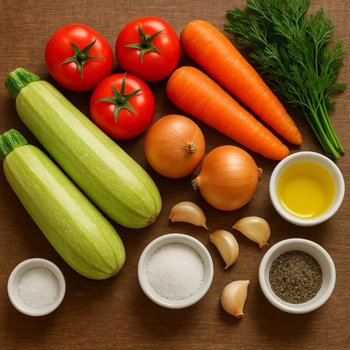 Ингредиенты для кабачковой икры кусочками на столе