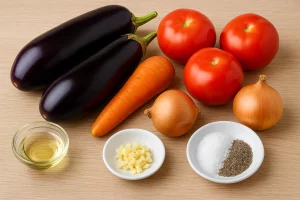 Ингредиенты для икры из баклажанов на деревянном столе