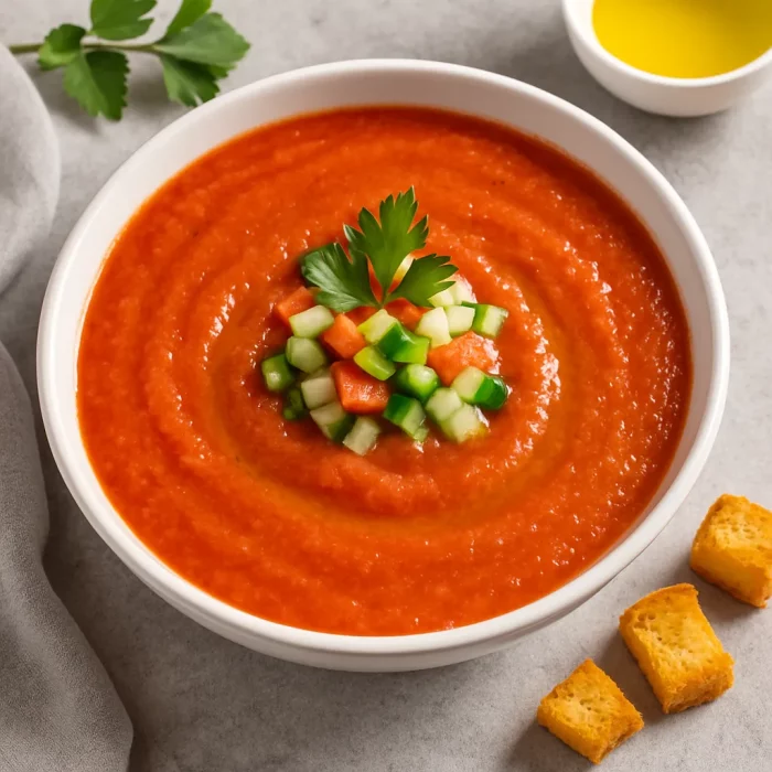 Гаспачо в глубокой тарелке с зеленью и сухариками