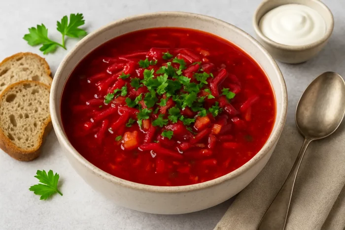 Подача борща со свеклой, сметаной и укропом
