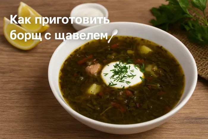 Обложка рецепта борща с щавелем — тарелка супа с яйцом и сметаной