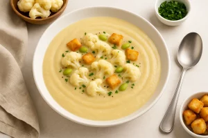 Подача супа-пюре из цветной капусты с гренками и капустой